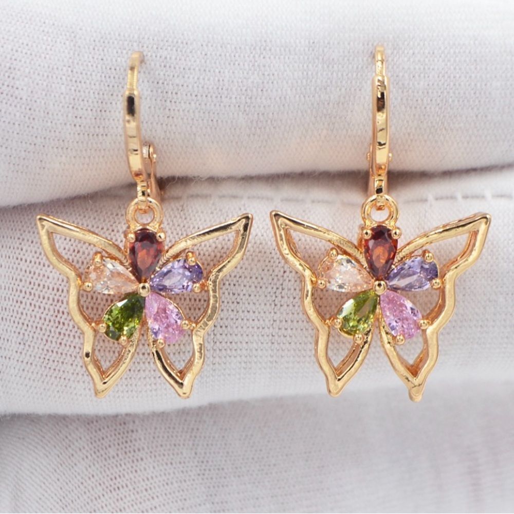 Gold Butterfly Earrings with Multicolor Gemstones